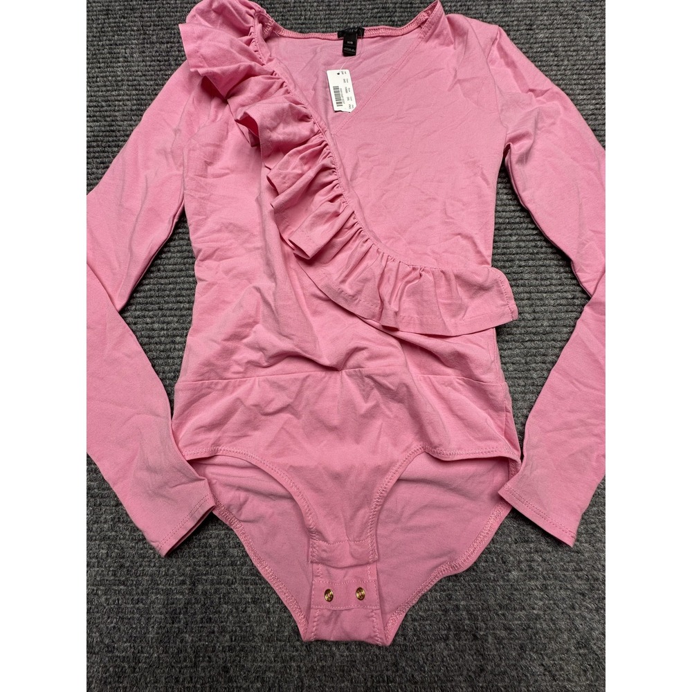 J Crew Bodysuit Womens XXS Pink Long Sleeve Ruffle Snap Front Cotton Stretch